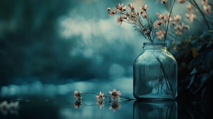 Still life with glass vase flowers and candles in moody lighting for elegant romantic home decor concept