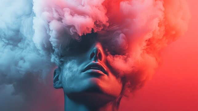 Surreal human portrait with colorful smoke and red lighting for fantasy conceptual creative dreamscape photo