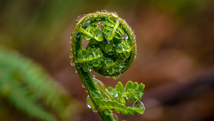 Dew covered fern fiddlehead unfurling in springtime