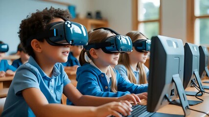 Diverse Group of School Children Using Virtual Reality Headsets with Desktop Computers in Modern Classroom Setting

 - Powered by Adobe
