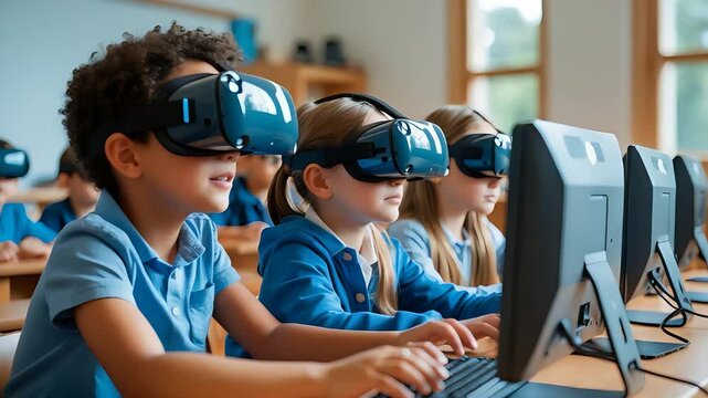 Diverse Group of School Children Using Virtual Reality Headsets with Desktop Computers in Modern Classroom Setting

