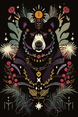 graphic illustration of animal in vintage boho style. bear on background of plants and flowers. botanical drawing style. Postcard. notebook cover, print concept. scrapbooking wallpapers. digital art