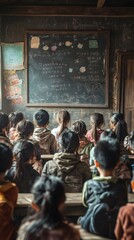 Obraz premium Students attentively listen to the teacher in the classroom, where the teacher's explanation at the blackboard and the students' eager eyes for knowledge illuminate the hall of wisdom