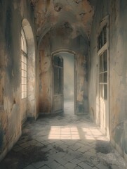 Fototapeta premium The architectural ruins appear exceptionally tranquil under the soft sunlight, with light and shadow interweaving on the broken walls