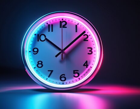 sleek analog clock with neon pink and blue light modern timepiece glowing hour and minute hands futuristic style