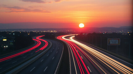Highway at Sunset: Long Exposure Car Light Trails