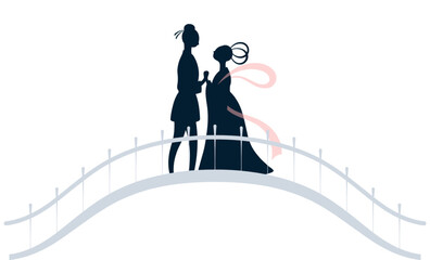 Qixi Festival, Tanabata lovers meeting on magpie bridge silhouette illustration, isolated vector. Hand drawn flat style design. Traditional Chinese holiday clip art element. China Valentines Day