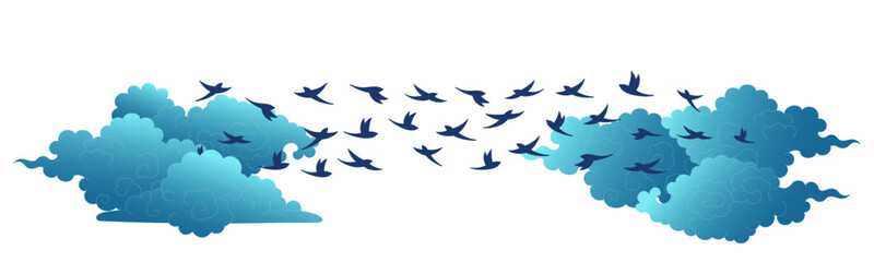 Qixi Festival magpie bridge, flying birds, fluffy clouds illustration, isolated vector. Hand drawn flat style design. Traditional Chinese holiday clip art element. China Valentines Day