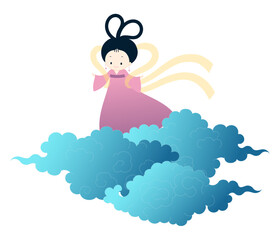 Qixi Festival, Tanabata weaver girl, Orihime on fluffy clouds kawaii character illustration, isolated vector. Hand drawn cute flat style design. Traditional Chinese, Japanese holiday clip art element