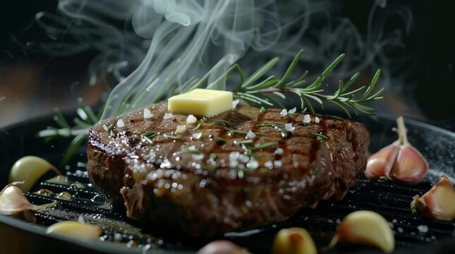 Sizzling Steak Delight: A close-up shot of a perfectly grilled steak, topped with a pat of butter, sprigs of rosemary, and coarse salt, exuding an aroma of culinary perfection.