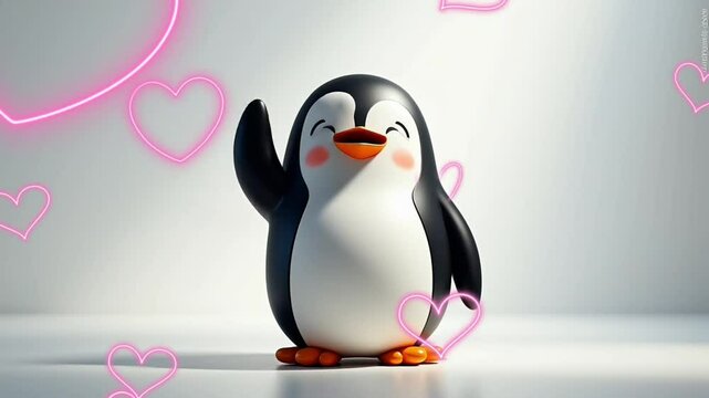 Cute Penguin Waving with Hearts