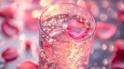 The surface of the sparkling water is adorned with fine bubbles, and the rim of the glass is decorated with rose petals