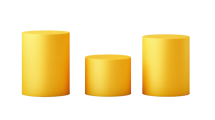 Three yellow pedestal cylinders of varying heights isolated on white background