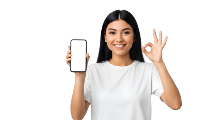 Woman Showing Phone Screen and Ok Sign on Transparent Background