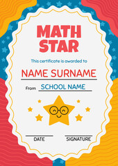 Printable A4 certificate template for math award with smiling star. Kids diploma, svg format