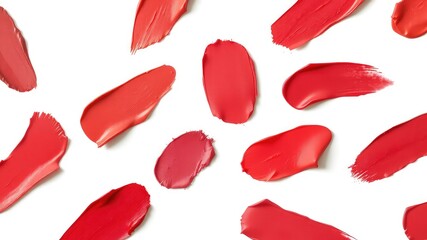 Fototapeta premium Assorted shades of red cosmetic makeup swatches with varying textures arranged randomly on a white background, showcasing color variations