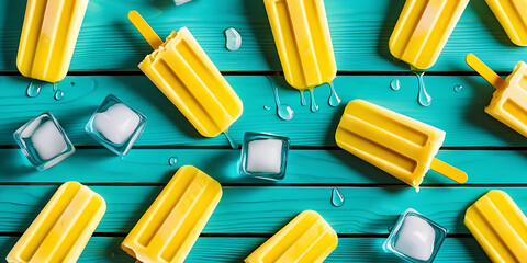 Bright yellow popsicle molds and ice cubes scattered 