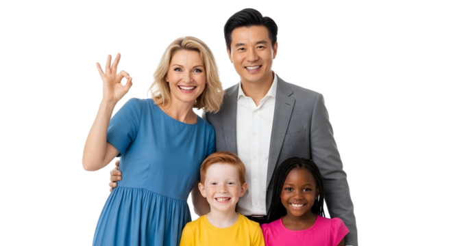 Smiling Family Posing Together with Positive Gesture on Transparent Background