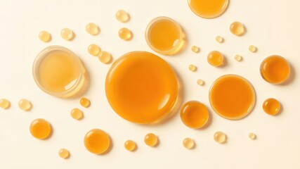 A beautiful overhead shot of various sized, translucent, golden yellow drops and gel on a light background