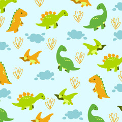 illustration vector seamless pattern design of cute dinosaur for kids apparel
