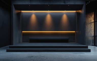 A black exhibition stand under soft lighting, with a subdued background