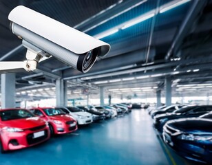 surveillance camera monitoring indoor parking area with parked cars