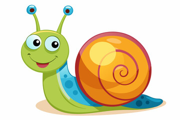 Bright and cheerful cartoon snail character with a vibrant orange spiral shell, blue body, and big smiling face. 
