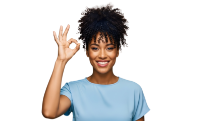 Smiling Woman Gesturing Okay Sign with Hand on Transparent Background