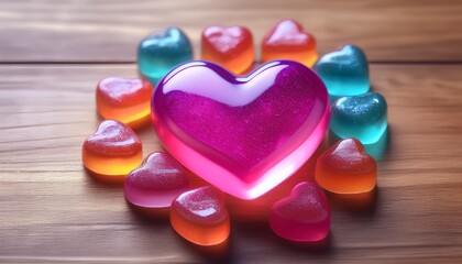 Obraz premium a shiny pink heart shaped gummy candy surrounded by colorful gelatin treats on a wooden surface