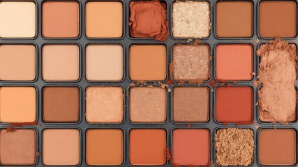 Fototapeta premium Earthy-toned eye shadow palette showcasing an arrangement of neutral colors with some shades slightly disrupted or used in makeup.