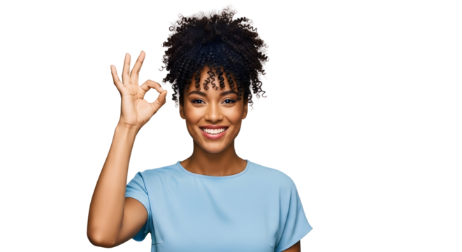 Smiling Woman Gesturing Okay Sign with Hand on Transparent Background