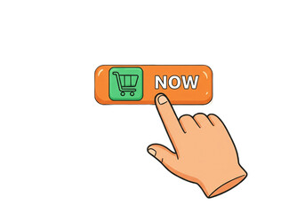 A hand pointing to an orange button with a shopping cart icon and the word now on a white background