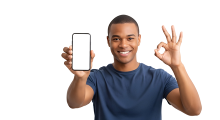 Smiling Man Holding Up Blank Phone Screen and Showing Ok Sign Transparent Background