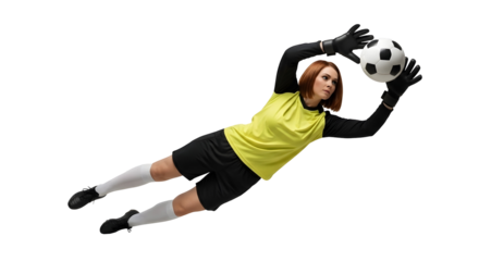 Woman Goalkeeper Diving Catching Soccer Ball on Black Transparent Background