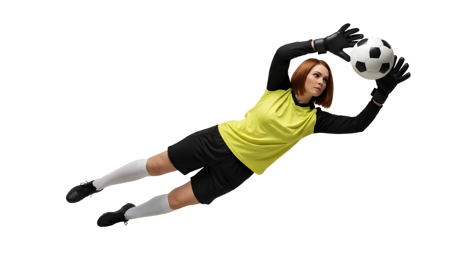 Woman Goalkeeper Diving Catching Soccer Ball on Black Transparent Background