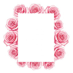 Hand-drawn delicate frame of pink rose flowers on a clean white background