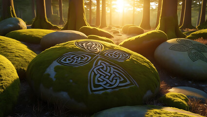Moss-covered stones with intricate Celtic designs