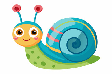 Bright and cheerful cartoon snail character with a vibrant orange spiral shell, blue body, and big smiling face. 