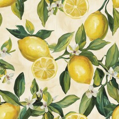 Seamless lemon pattern with blossoms on pastel background