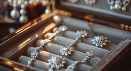 In the jewelry box, various pieces of jewelry are arranged in an orderly yet artistic manner