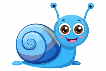 Bright and cheerful cartoon snail character with a vibrant orange spiral shell, blue body, and big smiling face. 