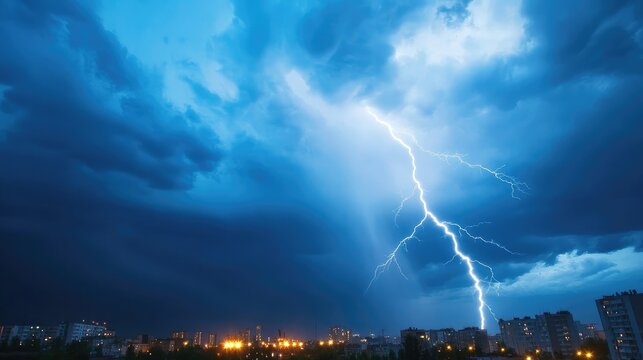 Dramatic lightning strike over a city at night - Powered by Adobe