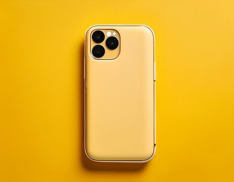 mobile phone with a neutral case on a vibrant yellow background for advertising layouts