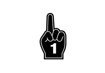 A black and white illustration of a foam hand with the number one on it against a white background