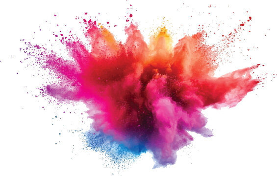 Bright rainbow paint color powder festival explosion burst isolated white background. Colorful vibrant rainbow Holi paint color powder explosion with bright colors isolated transparent background