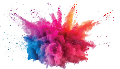 Colorful powder exploding on transparent background. Explosive burst of multicolored powder spreading in all directions on a white background,
