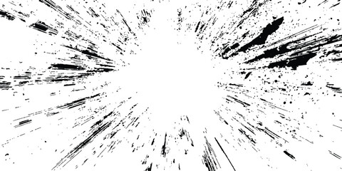 Abstract explosion, radial burst of Ink splatter effect isolated on white background. Dynamic charcoal burst explosion, isolated on transparent background.