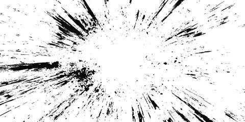 Abstract explosion, radial burst of Ink splatter effect isolated on white background. Dynamic charcoal burst explosion, isolated on transparent background.