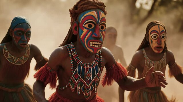 Painted dancers leap in dusk dust during tribal dance. Drumbeat drives tribal dance rhythms, tribal dance spreads color and spirit across gathering. Concept cultural ritual