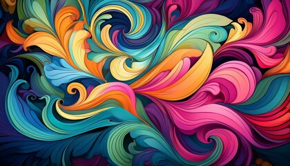 vibrant abstract pattern showcasing colorful swirling shapes in shades of pink green blue and yellow against a dark background